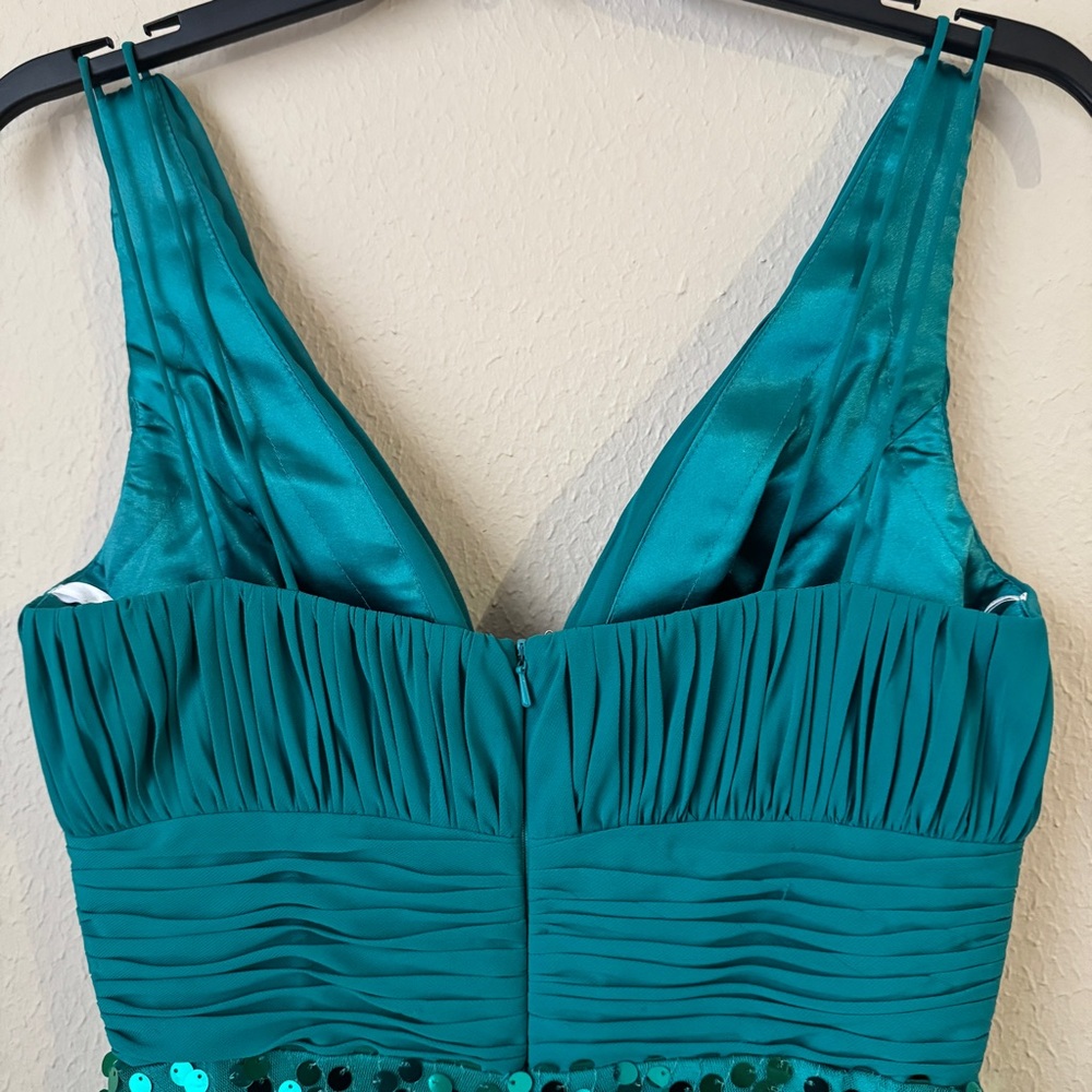 Teal Sequin V-Neck Mini Dress with Pleated Bodice - Picture 3 of 11